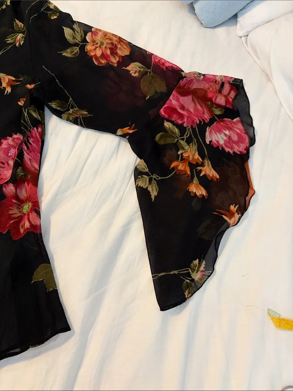 Sheer Black Floral Tie-Neck Blouse with Flowing Sleeves - Picture 5 of 8